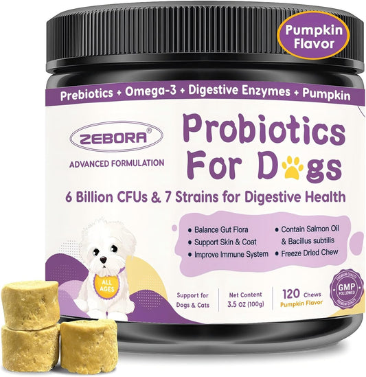 ZEBORA Probiotics for Dogs, Dog Probiotics for Digestive Health, with Pumpkin, Digestive Enzymes, Omega-3, Support Gut, Immune Health, Upset Stomach Relief, Occasional Diarrhea, 120 Freeze Dried Chews