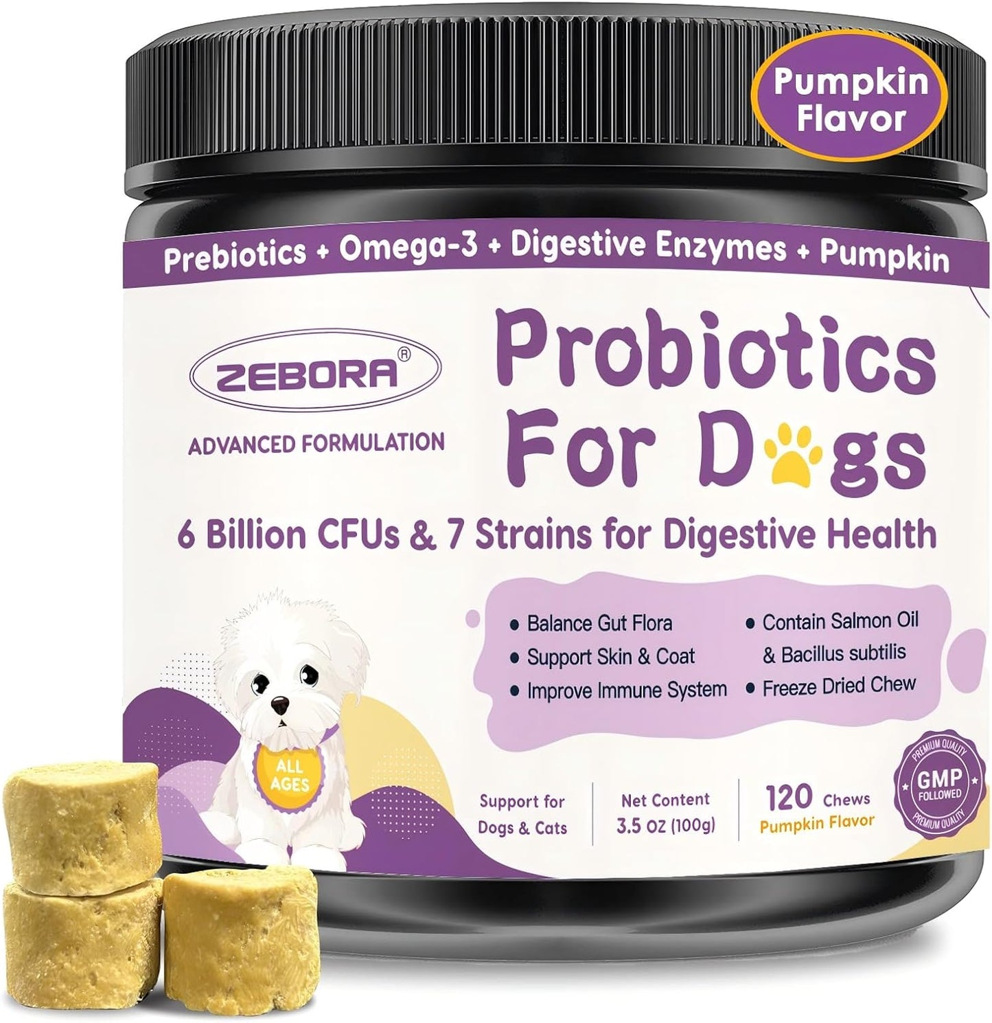 ZEBORA Probiotics for Dogs, Dog Probiotics for Digestive Health, with Pumpkin, Digestive Enzymes, Omega-3, Support Gut, Immune Health, Upset Stomach Relief, Occasional Diarrhea, 120 Freeze Dried Chews