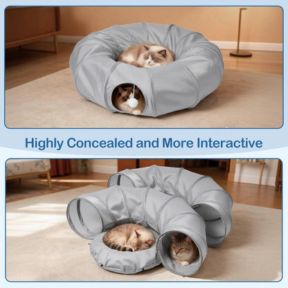 Odoland Cat Play Tunnel with Bed - Indoor Kitten Couch, Detachable Cats Cave Donut Tunnel & Interactive Cats Toys for Indoor Cat Puppy Rabbit and Ferret Grey