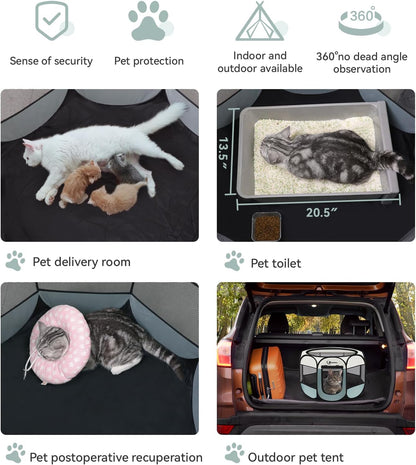 Dog Playpen with Washable Pee Pad, Puppy Pet Cat Playpen Small Dogs Tent Crate Indoor/Outdoor, Portable Pop Up Kennel with Carrying Case for Cats/Rabbits(Grey,Small with pad)