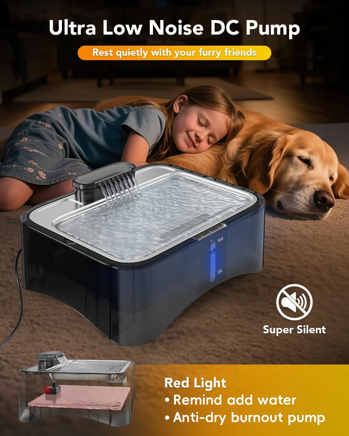 UPSKY Slow Feeder Dog Bowl，2.25Gal Elevated Dogs Water Fountain, 4 Heights Adjustable Pet Fountain for All Dog Sizes