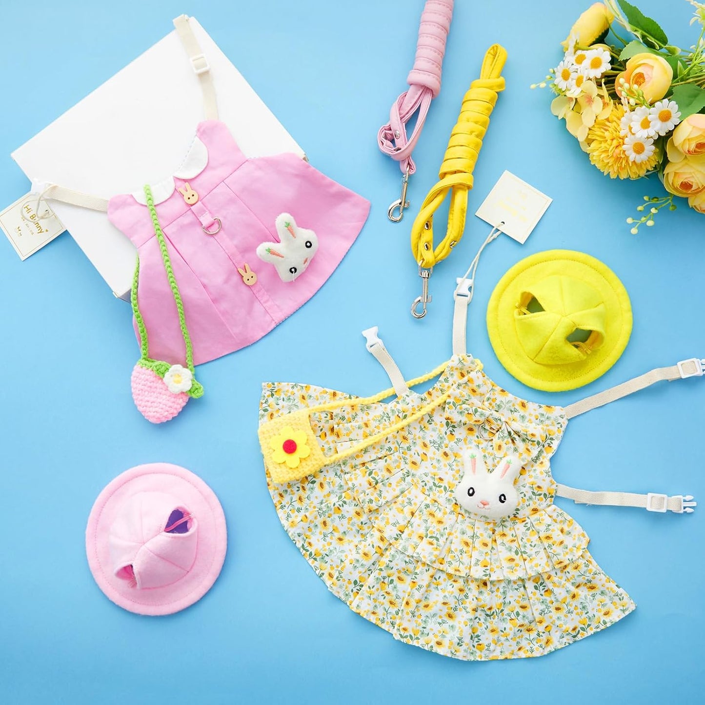 Weewooday 2 Sets Pet Rabbit Bunny Dress Bunny Easter Costume with Leash Hat Mini Bag Harness Leash Small Animals Accessory for Rabbit Hedgehog Ferret Guinea Pigs Piggies Squirrel(Trendy)