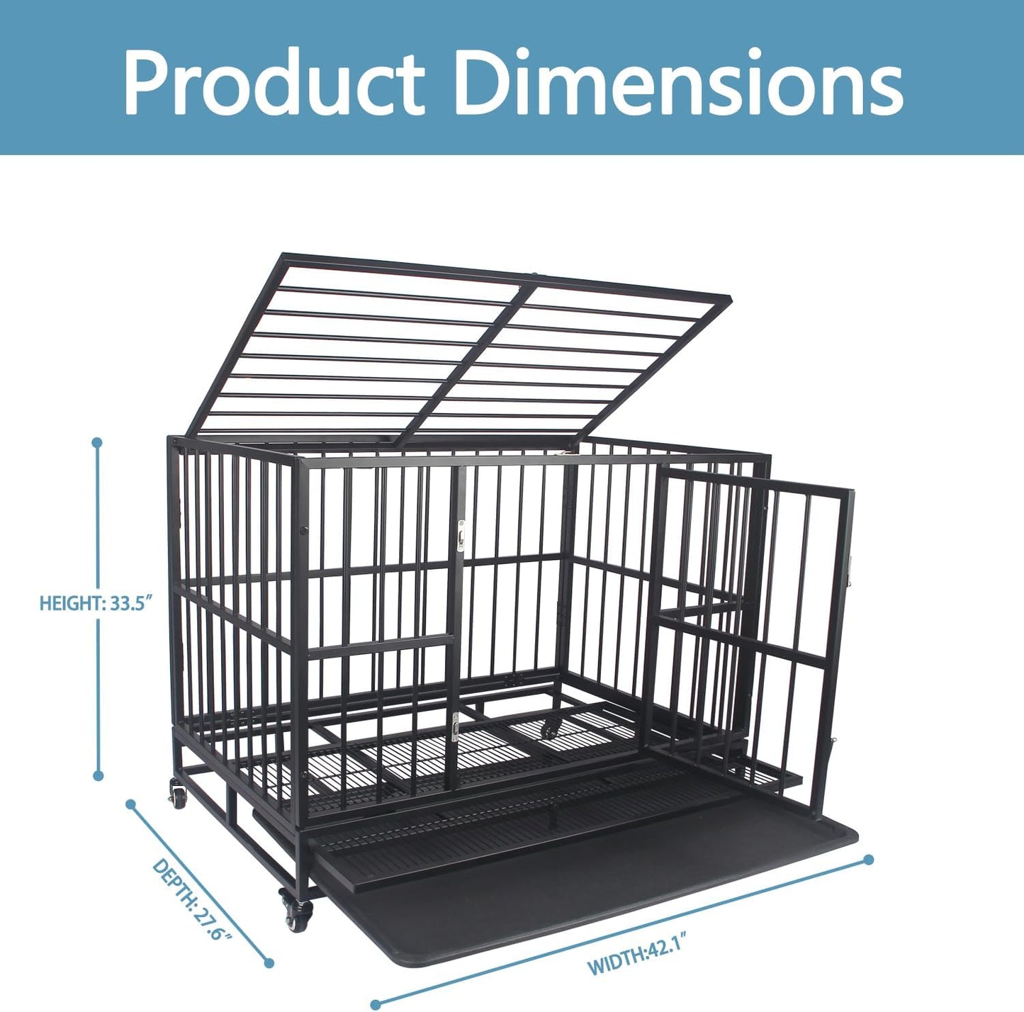 Heavy Duty Dog Crate - Indestructible Large Dog Kennel, Dual Door, Safety Lock, Spacious & Removable Tray for Easy Clean (42" inch)