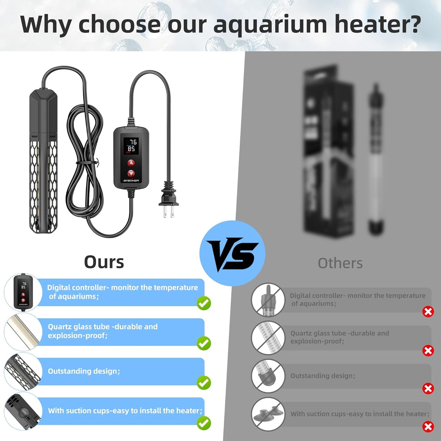 Aysoner Aquarium Heater for Fish Tank: 100W Adjustable Submersible Thermostat with Off-Water Protection & UL Certified Cord for 10-20 Gallons Fish Turtle Tank Enthusiasts