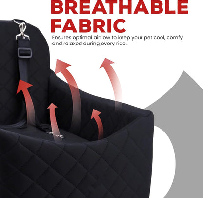 Elevated Dog Car Seat for Small/Medium Dogs up to 35 lbs, Memory Foam Pet Booster Seat with Detachable Washable Cover, Portable Travel-Safe Bed for Cars with Safety Belts and Storage Pockets