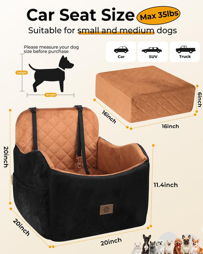 Dog Car Seat for Small/Medium Dogs, Detachable Washable Dog Booster Seat Under 35lbs, High-Support Memory Foam,Travel Bed with Storage Pockets