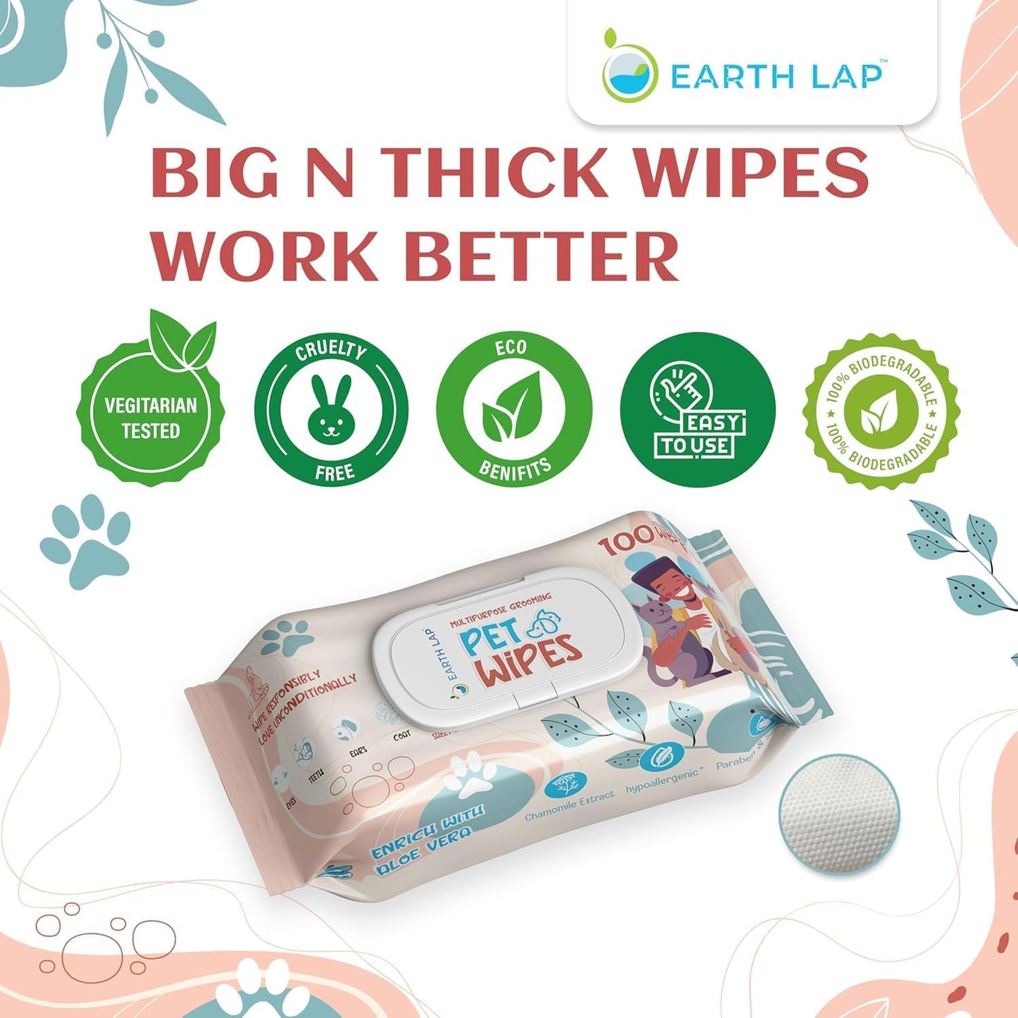 100% Biodegradable Premium Pet Wipes | Grooming Wet Wipes for Dogs, Cats, Puppies & Small Pets | Dry Bathing, Grooming Paws, Body, Ears and Butt, Fragrance-Free 300 Count (100 * 3 Pack)