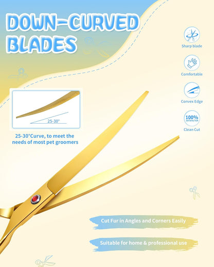 Curved Scissors for Dog Grooming, Dog Grooming Scissors Curved with Noise Reduction Pad, Light Weight,7.5" Pet Cutting Shears Safety Trimming Shearing for Dogs Cats (Curved, Golden)