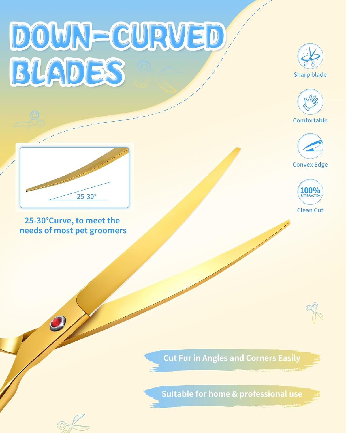 Curved Scissors for Dog Grooming, Dog Grooming Scissors Curved with Noise Reduction Pad, Light Weight,7.5" Pet Cutting Shears Safety Trimming Shearing for Dogs Cats (Curved, Golden)