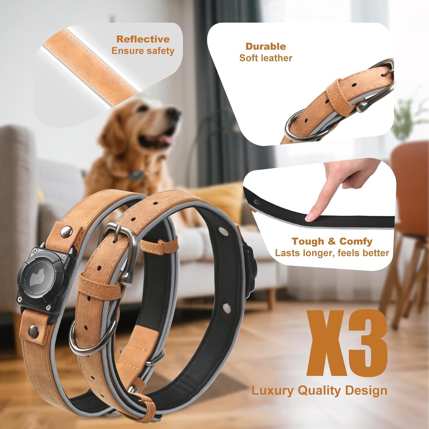 Leather AirTag Dog Collar - IPX8 Waterproof Dog Collar with AirTag Holder|Reflective, High - End, Adjustable Soft Padded |Dog GPS Collar Tracker Fit for Medium Large Dogs (Light Brown, L)