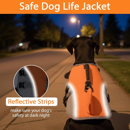 Geyecete Dog Life Jacket High Visibility Dog Life Vest for Swimming, Boating, and Water Safety, Large, Adjustable Pet Life Swimsuit-Orange-XL