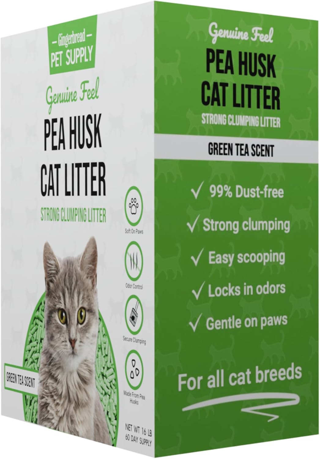 Premium Pea Husk Scented Cat Litter for Happy and Healthy Cats. (16 lbs)(Green Tea)