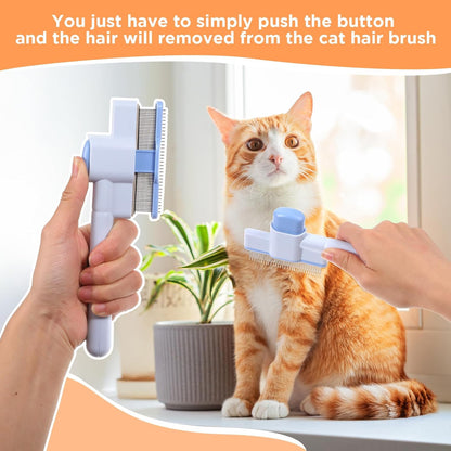 2 Pcs Pet Flea Hair Comb Self Cleaning Cat Brush with Release Button Comfort Safety Stainless Steel Brush Short Long Hair Removal Dogs Grooming Comb for Shedding Tangles