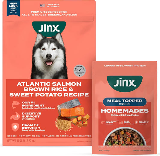 Jinx Dog Food Bundle - 11.5lb Salmon Dry Dog Food & 8-Pack Homemades Salmon & Chicken Wet Food Pouches (3-oz)