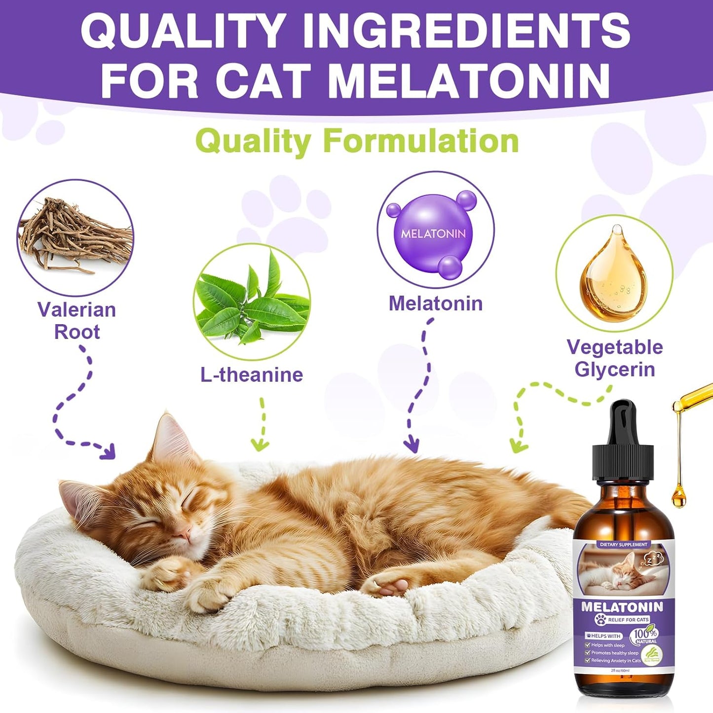 Cat Melatonin, Melatonin for Cats, Cat Tranquilizer to Anxiety Relief for Feline and Stressful Emotions in Kitten, Cats Sleep Aid to Promote Relaxation and Entry into Sleep in Kitten