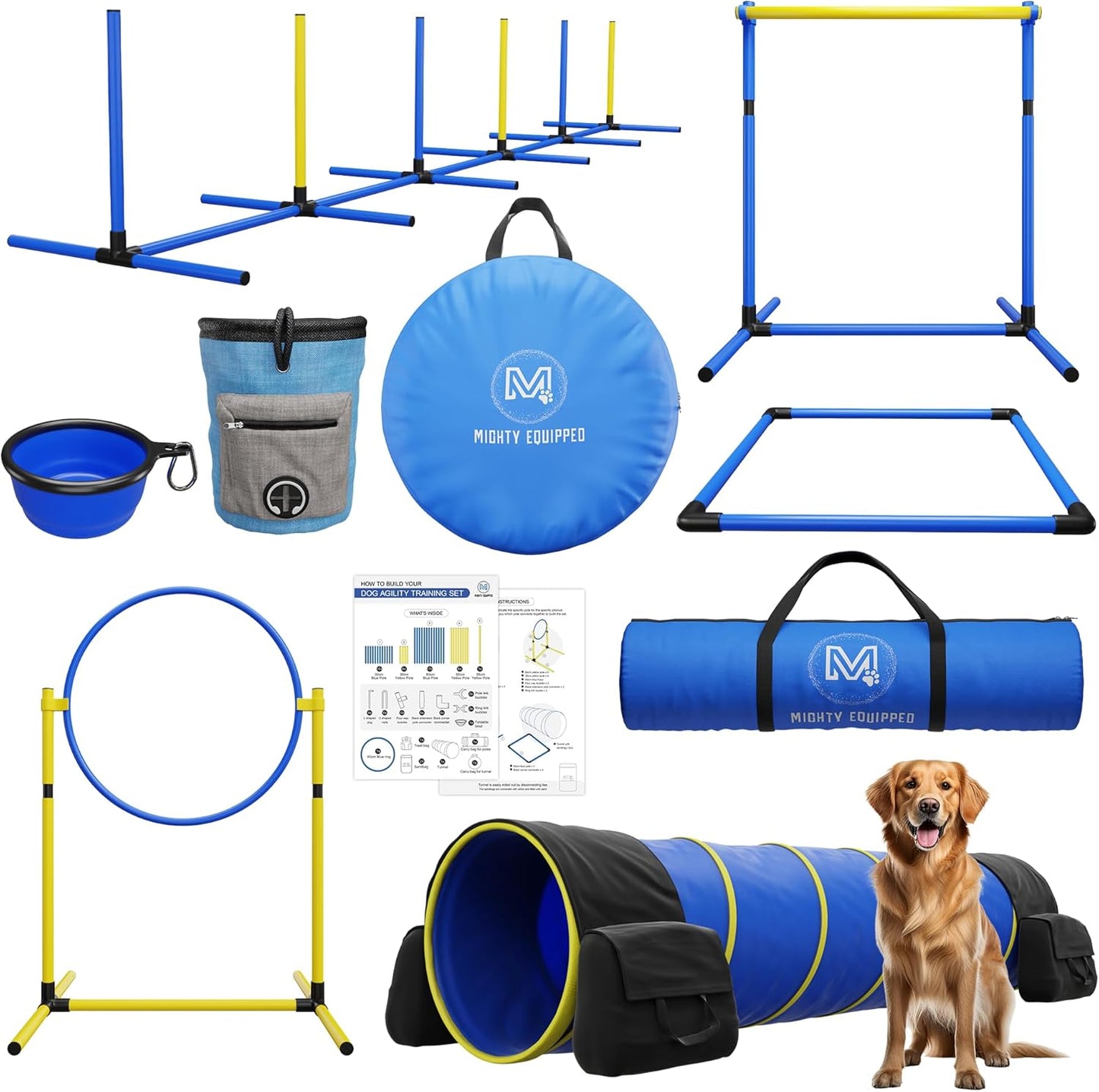 Dog Agility Equipment – Portable Backyard Agility Course with 9ft Dog Tunnel, Weave Poles, Hoop Jumps, Collapsible Water Bowl & More – Dog Training Kit for Indoor & Outdoor