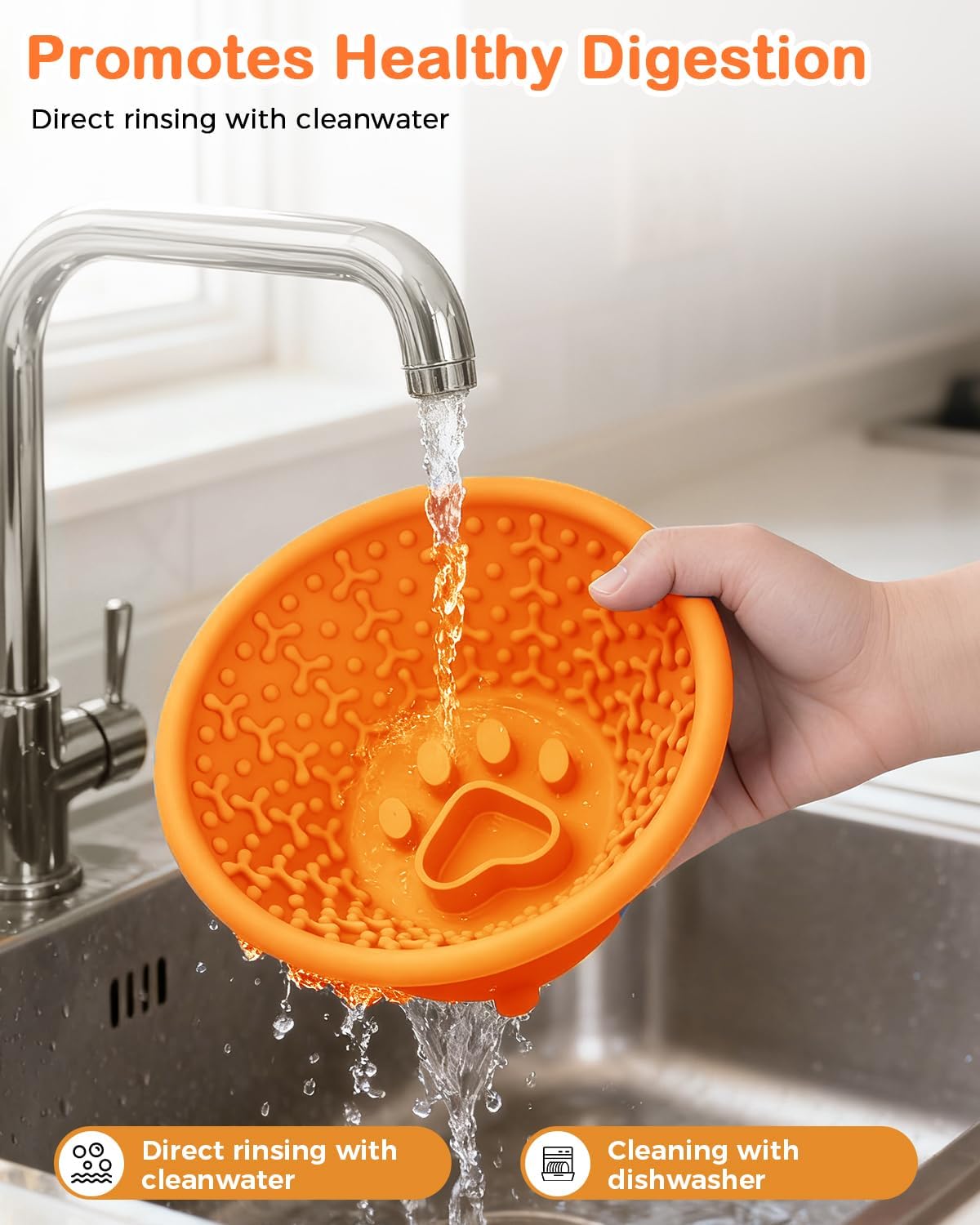 Dog Lick Bowl, Silicone Slow Feeder Dog Bowls with Non-Slip Suction Base and Steel-Reinforced Rim, Anxiety-Relief Feeding Solution for Medium & Large Breeds (Orange)