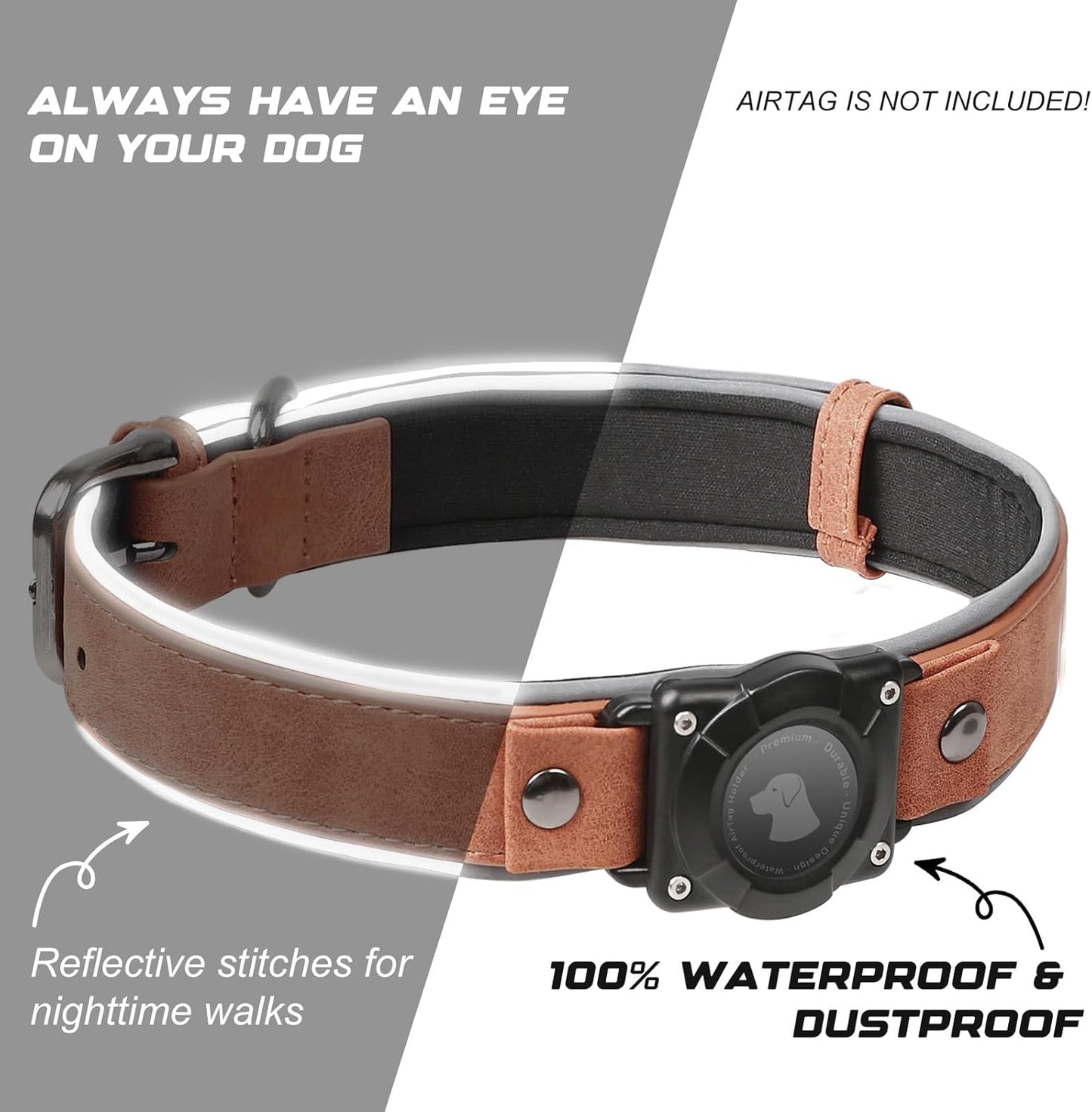 AirTag Dog Collar - Leather Dog Collar with Air Tag Holder | IPX8 Waterproof, Reflective, High - End, Adjustable Soft Padded | Dog GPS Tracker Collars Fit for Medium Large Dogs (MahoganyBrown, M)