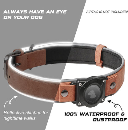 AirTag Dog Collar - Leather Dog Collar with Air Tag Holder | IPX8 Waterproof, Reflective, High - End, Adjustable Soft Padded | Dog GPS Tracker Collars Fit for Medium Large Dogs (MahoganyBrown, M)