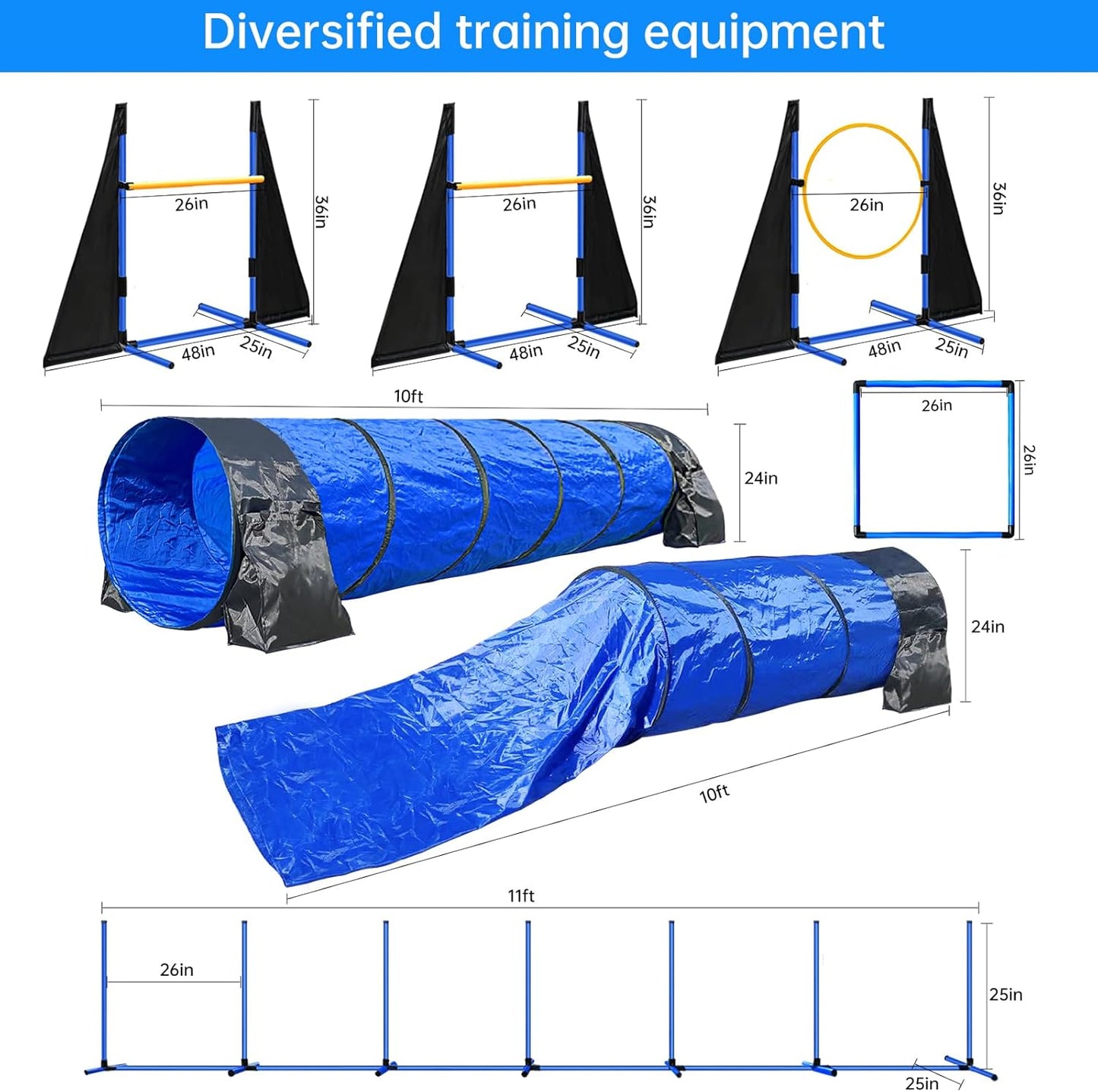 Dog Agility Course Backyard Set - Includes 2x10ft Tunnels, 2 Agility Hurdles,1 Jump Ring,1 Weave Pole, 1 Pause Box | Perfect Dog Agility Equipment for Obstacle Course | Easy Setup & Storage