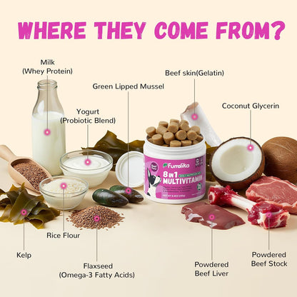 Furrolika Multivitamin Chews for Dogs - Dog Vitamins and Supplements with Glucosamine, Chondroitin, Digestive Enzymes, Probiotics - Hip & Joint, Immune System, Skin & Coat Support - 60 Soft Chews