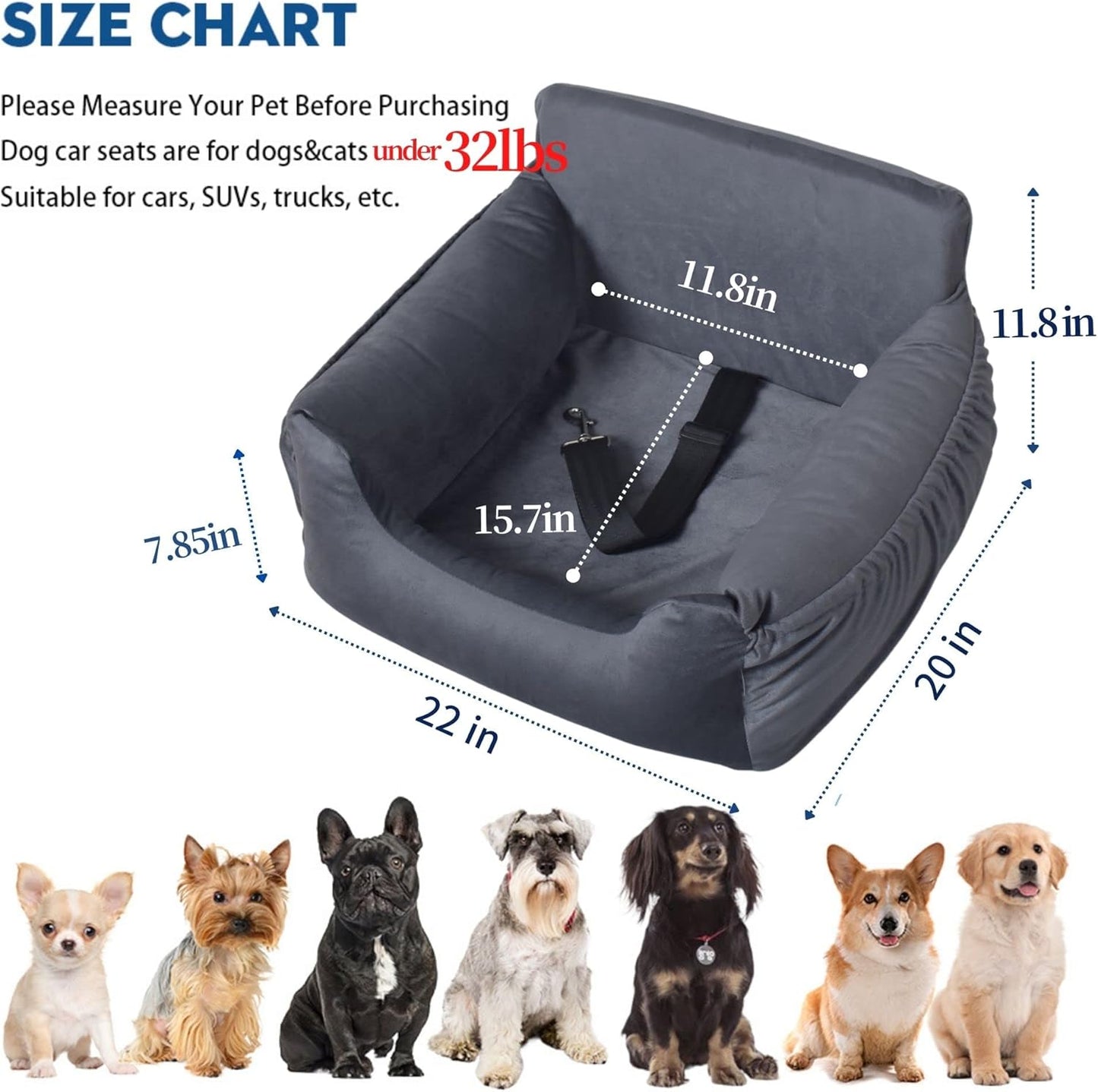 Coo&Dee Dog Car Seat Pet Travel Safety Pet Booster Seat Dog Bed for Car for Small Medium Dogs Under 32lbs with Storage Pockets Fully Detachable Machine Washable Easy Install (Grey Velvet)