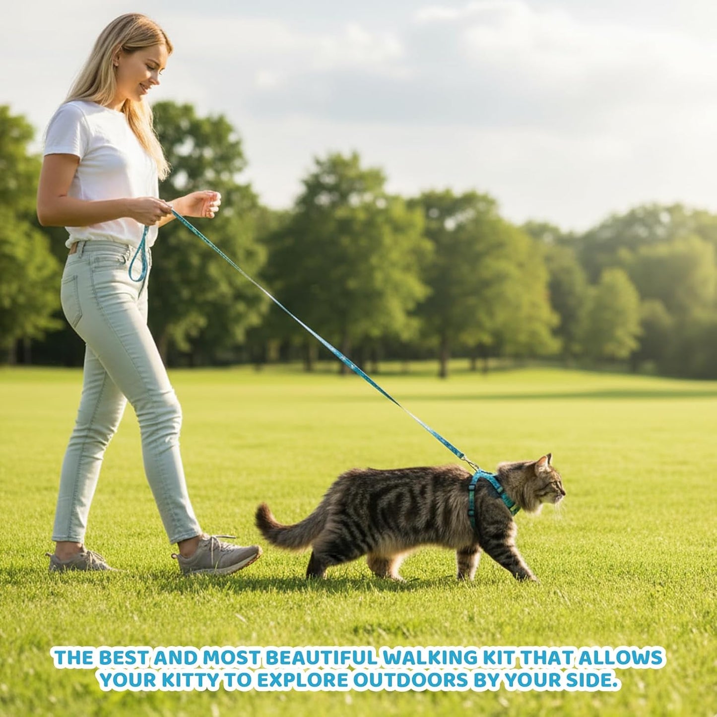 1 Set Cat Harness and Leash, Adjustable Escape Proof Cat Harness, Comfortable Soft Lightweight Design for Daily Walks and Travel, Neck 20-31CM Chest 26-43CM, (Hawaii Green)