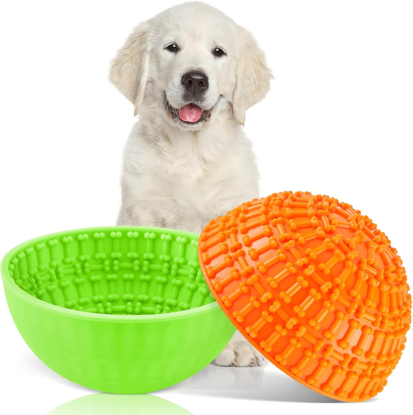 Patelai 2 Pcs Dog Enrichment Lick Bowls Silicone Freeze Bowls Interactive Cat Licking Mats Slow Feeders for Pet Oral Health Boredom Anxiety Relief, Wobble or Stay Put (Orange, Green,Bone)
