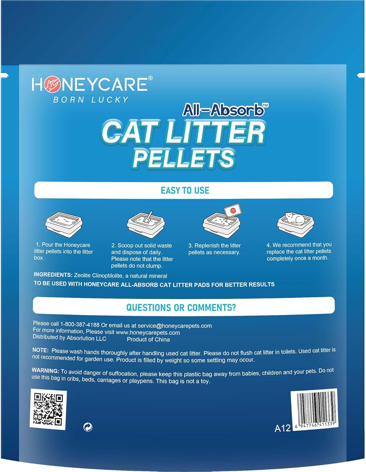 Honey Care All-Absorb Cat Litter Pellets, Zeolite, Long-Lasting Odor Control Non-climping Litter, 14 Lbs Pack
