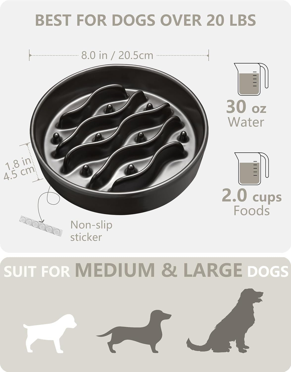 Ceramic Slow Feeder Dog Bowls for Medium and Large Dogs, 2.0 Cups Dog Slow Feeder for Fast Eater, 30oz, 8in, Black