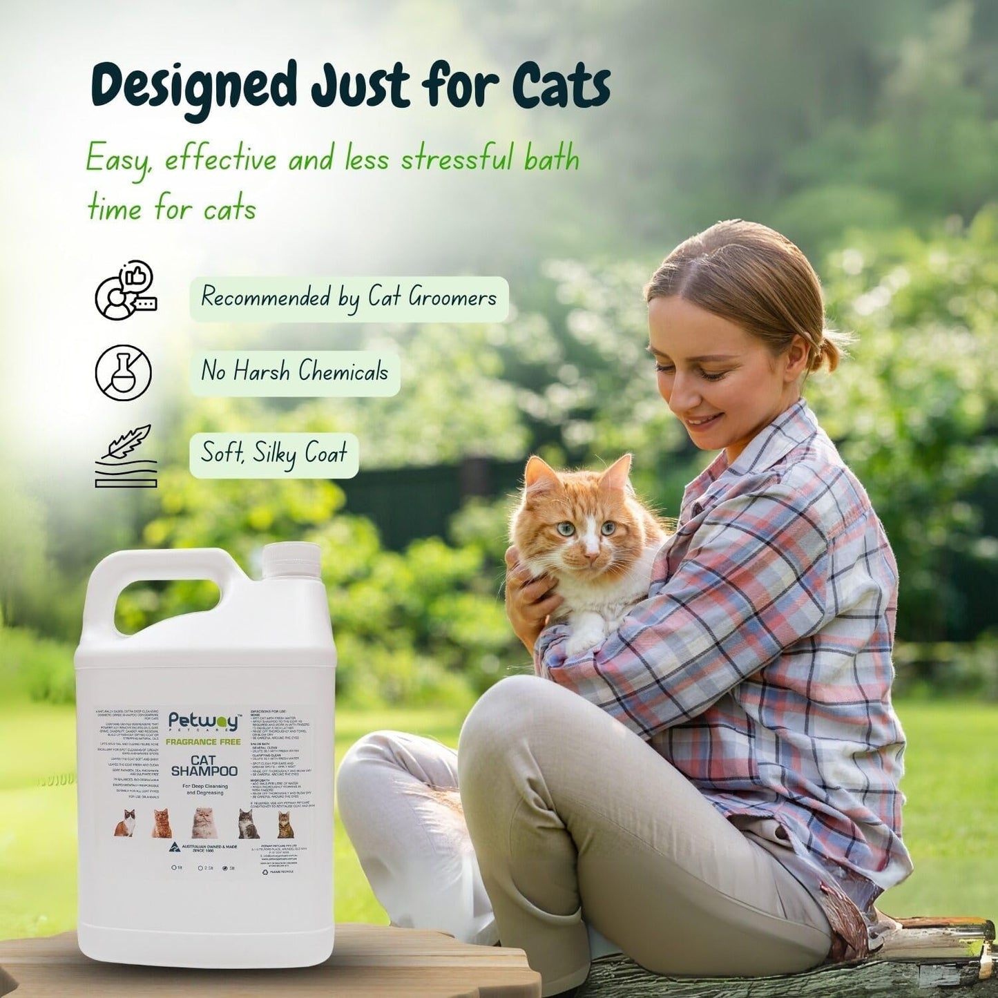 Petway Petcare Cat Shampoo, Natural Dandruff Shampoo, pH Balanced Cat Grooming Supplies with Plant Derived Surfactant, Free of Fragrance, DEA, Phosphates, Parabens & Enzymes, Removes Oil and Dirt, 5 L