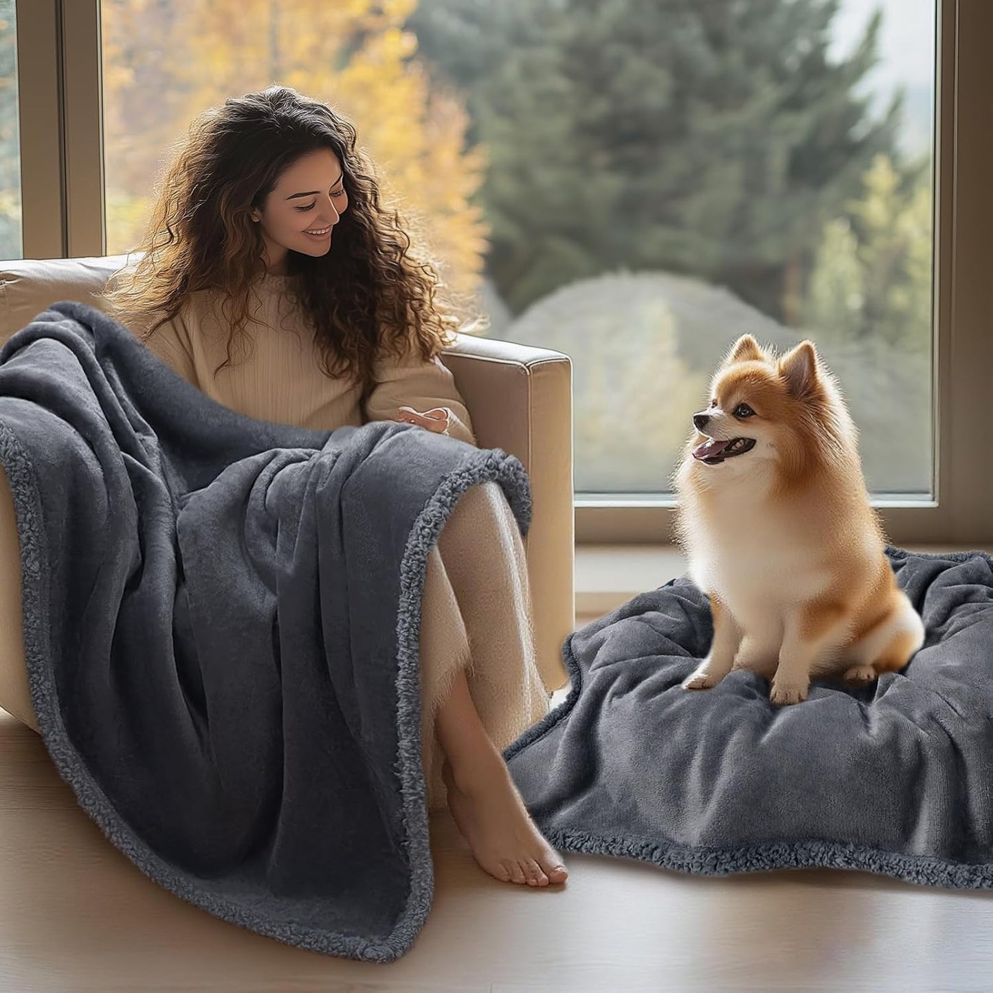 Waterproof Pet Blanket, Liquid Pee Proof Dog Blanket for Sofa Bed Couch, Reversible Sherpa Fleece Furniture Protector Cover for Small Medium Large Dogs Cats, Dark Gray Small（40" x 28"）
