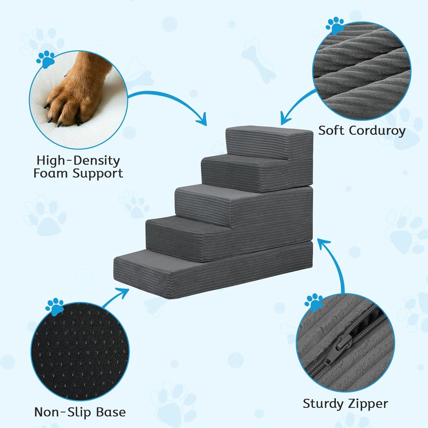 Dog Stairs for Small Dogs 22.4 H'', 5 Step Pet Stairs for High Beds Climb, Non-Slip Dog Steps for Bed Balanced, Foldable Soft Foam Support with Removable Washable Cover, Grey