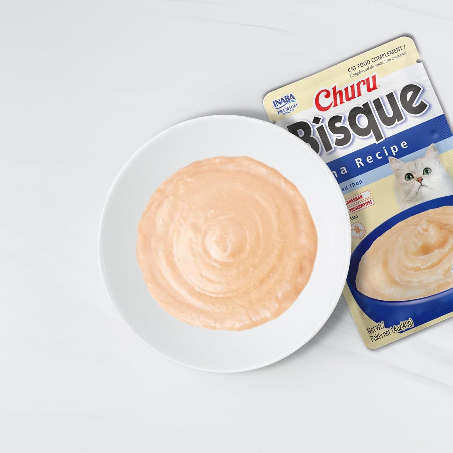 INABA Churu Bisque for Cats, Creamy Lickable Purée Side Dish with Vitamin E, 1.4 Ounces per Pouch, 12 Pouches, Tuna Recipe (Pack of 2)