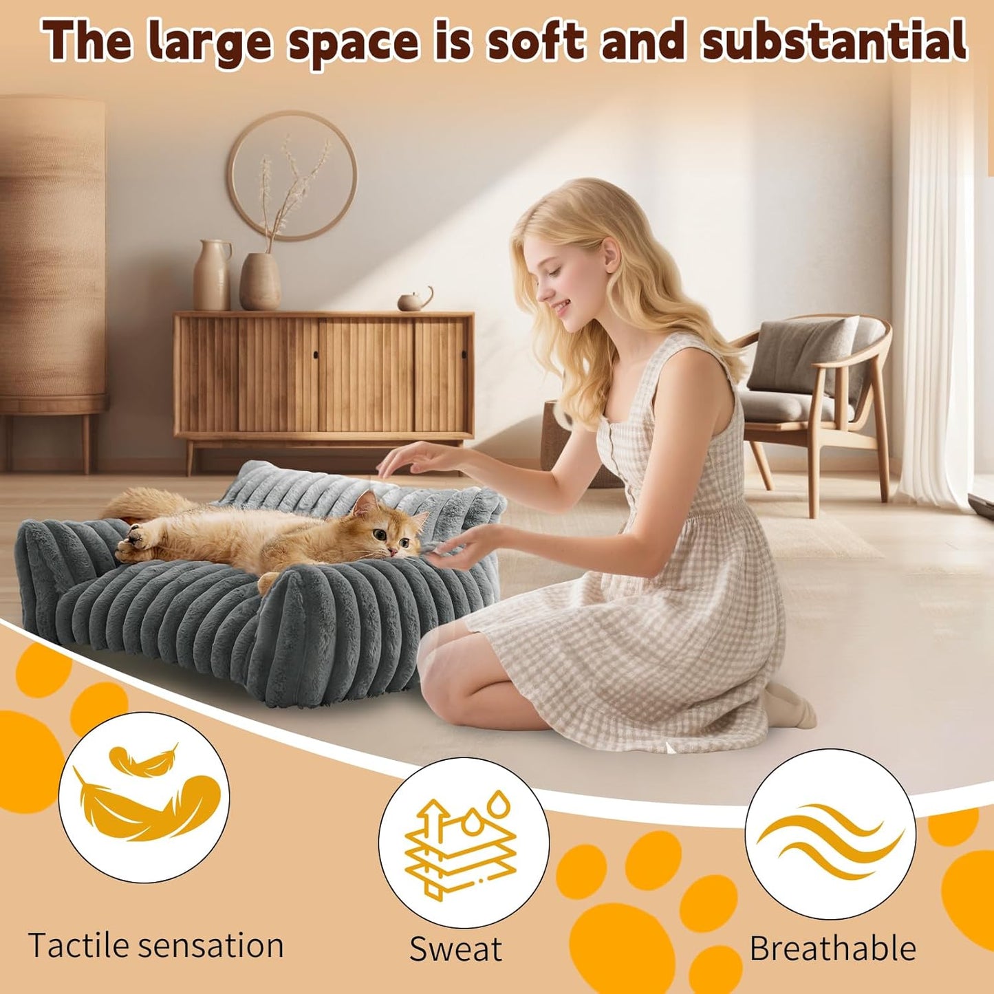 Indoor Pet Sofa Bed | Cat Sofa Bed, Soft Square Pet Bed, Indoor Non-Slip Cat Bed, Comfortable Plush, Suitable for Small to Medium Cats and Dogs (Khaki, L(29.52 * 21.65 * 9.84in))