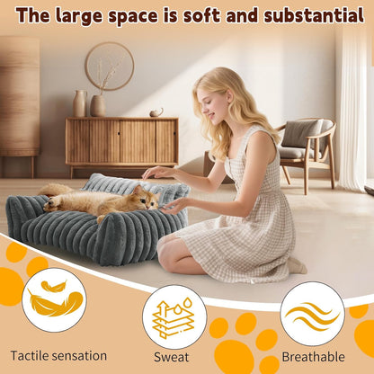 Indoor Pet Sofa Bed | Cat Sofa Bed, Soft Square Pet Bed, Indoor Non-Slip Cat Bed, Comfortable Plush, Suitable for Small to Medium Cats and Dogs (Khaki, L(29.52 * 21.65 * 9.84in))