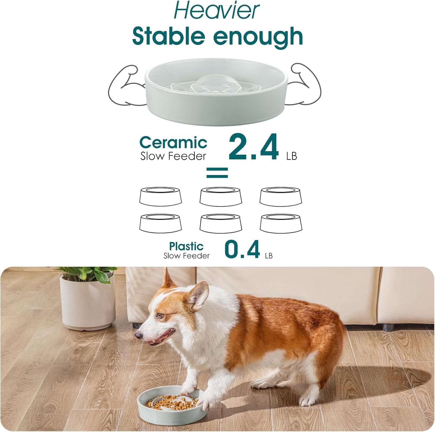 vancasso Slow Feeder Dog Bowl, 1.5 Cups Ceramic Dog Food Dish for Fast Eaters Small Breed, Puzzle Bowl for Small Dogs and Cats, Grayish Cyan