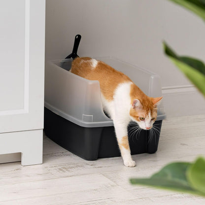 IRIS USA Large Cat Litter Box with Scatter Shield and Scoop, Open Top High Sided Cat Litter Pan, Black