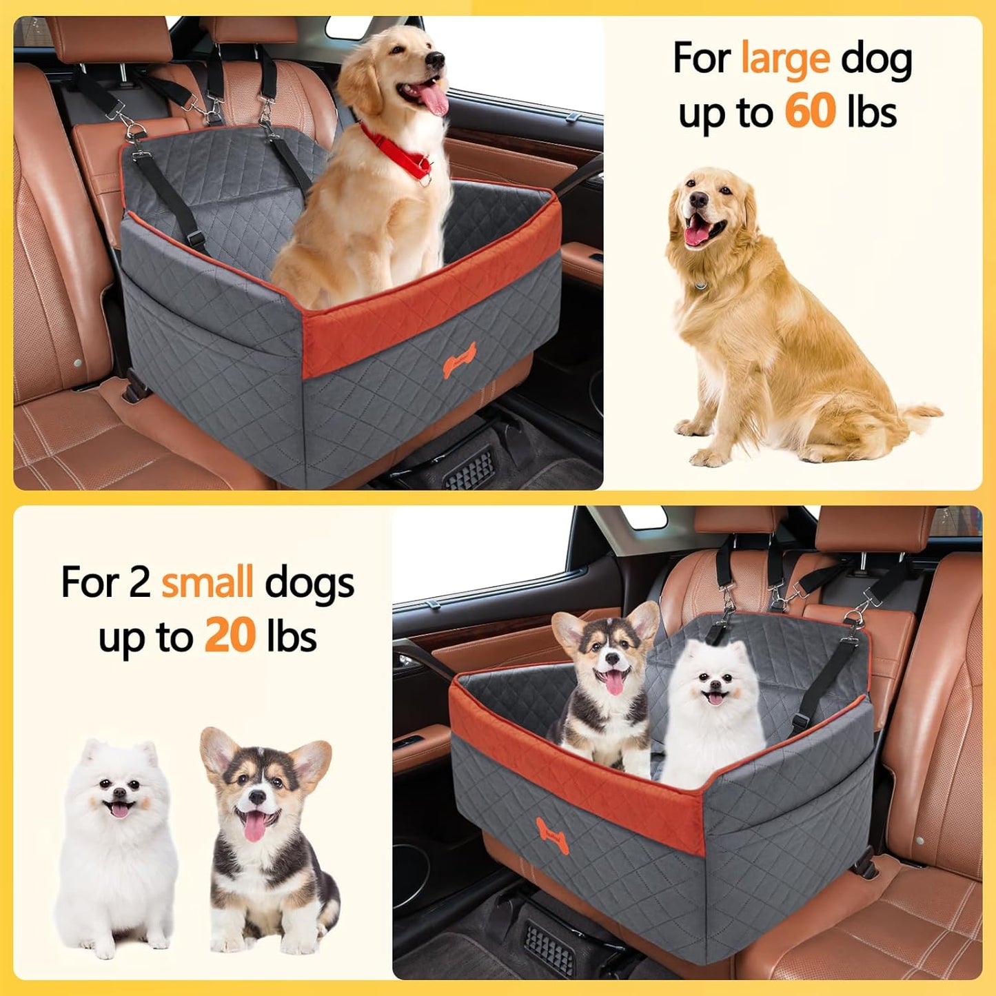 PetsHome Dog Car Seat for Medium Large Dogs, Detachable Washable Pet Booster Seat with Memory Foam Cushion, Side Pockets, 2 Clip-On Safety Leashes Pet Car Seat for Dog Up to 60 lbs/2 Small Dogs-Grey