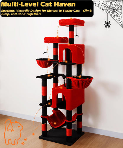 AMHANCIBLE Gothic Cat Tree, 70 Inch Tall for Indoor Adult Cats, Large Multi-Level Tower with Scratching Post, Hammock, Condos, Hanging Basket, Activity Center to Play and Sleep, Black Red, PT18RD