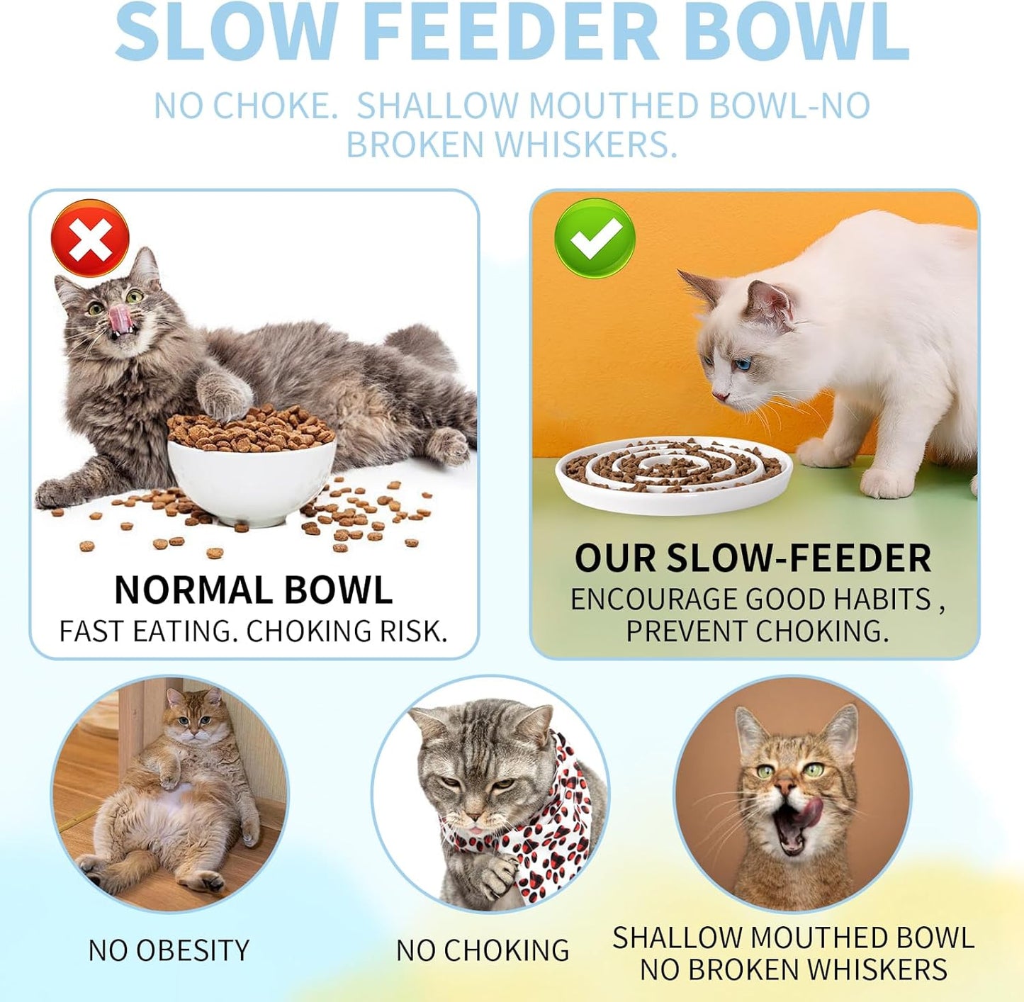 Ceramic Cat Slow Feeder,Shallow and Wide Opening Dish for Whisker Friendly,Anti Knocked Over Heavy Plate Bowls for Puppy Kitten Dry and Wet Food