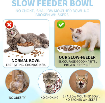 Ceramic Cat Slow Feeder,Shallow and Wide Opening Dish for Whisker Friendly,Anti Knocked Over Heavy Plate Bowls for Puppy Kitten Dry and Wet Food