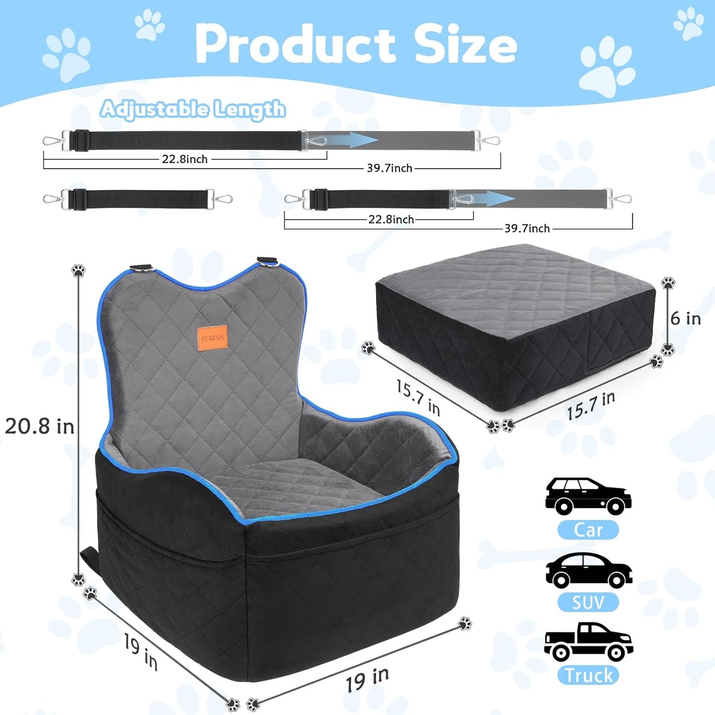 Elevated Dog Car Seat, Booster Car Seat for Small/Medium Sized Dog Fits in Front/Back Seat, 6 Inch Memory Foam, 3 Storage Pockets & 3 Safety Belts, Detachable Washable Puppy Carrier for Travel