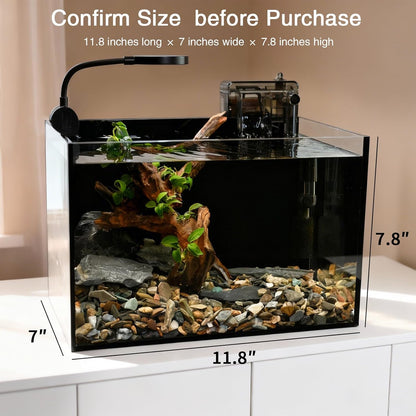 Nano Nature Aquarium Kit,Clear Glass Desktop Fish Tank with with Waterfall Filter and Light for Beginners and Children to Keep Betta Fish, Goldfish, Shrimp, and Aquatic Plants (Black, 2.8 Gallon)