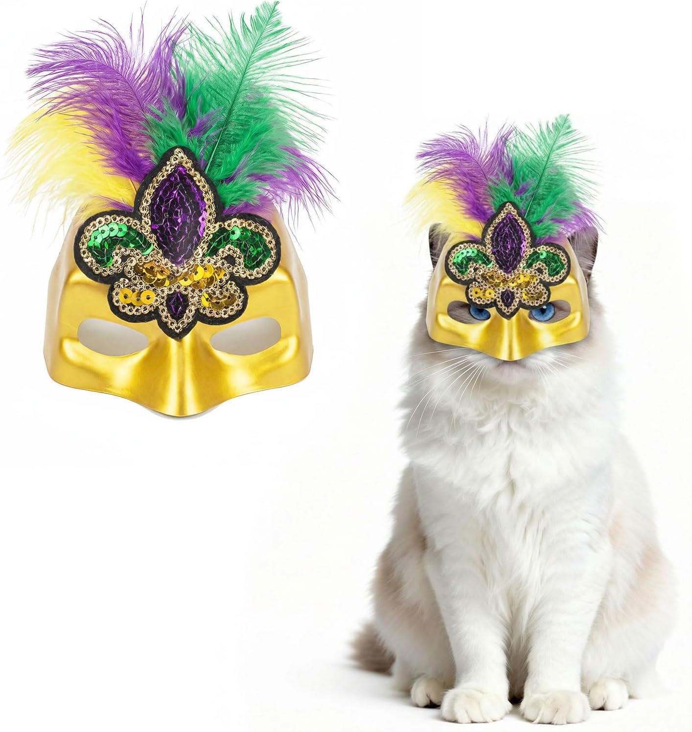 ABTOLS Mardi Gras Pet Mask, Carnival Masquerade Purple Yellow Green Feather Fleur De Lis Masks Cosplay Pet Party Accessories Funny Pet Photo Prop Easy to Wear