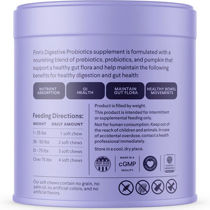 Finn Digestive Probiotics for Dogs - Complete Digestive System Support with Pumpkin, Prebiotics, & Live Probiotics - Vet Recommended & Made in The USA - 90 Soft Chews