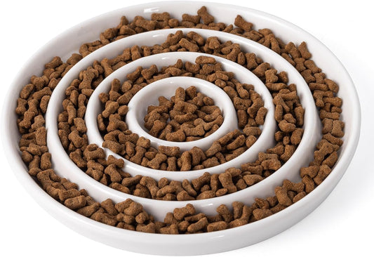 Ceramic Cat Slow Feeder,Shallow and Wide Opening Dish for Whisker Friendly,Anti Knocked Over Heavy Plate Bowls for Puppy Kitten Dry and Wet Food