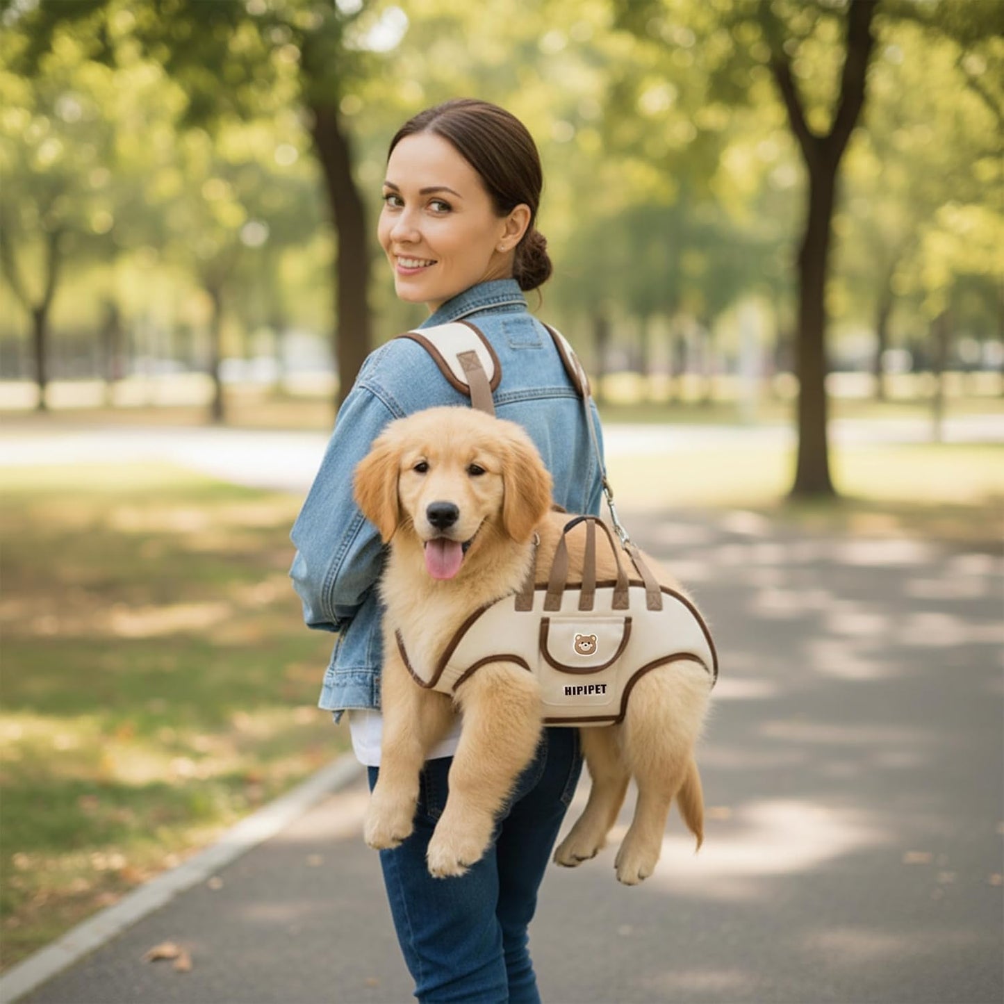 Dog Sling Backpack Carriers - Adjustable Pet Lift Harness Gear, Breathable Dogs Carrying Lifting with Traction Leash Shoulder Straps and Treat Bag for Walking Hiking Travel (L, 14-20lbs)