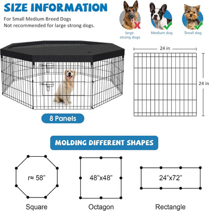 Dog Pen Pet Playpen Dog Fence Indoor Foldable Metal Wire Exercise Puppy Play Yard Pet Enclosure Indoor Outdoor 8 Panels 24 Inch with Bottom Pad/Top Cover (Black with top Cover)