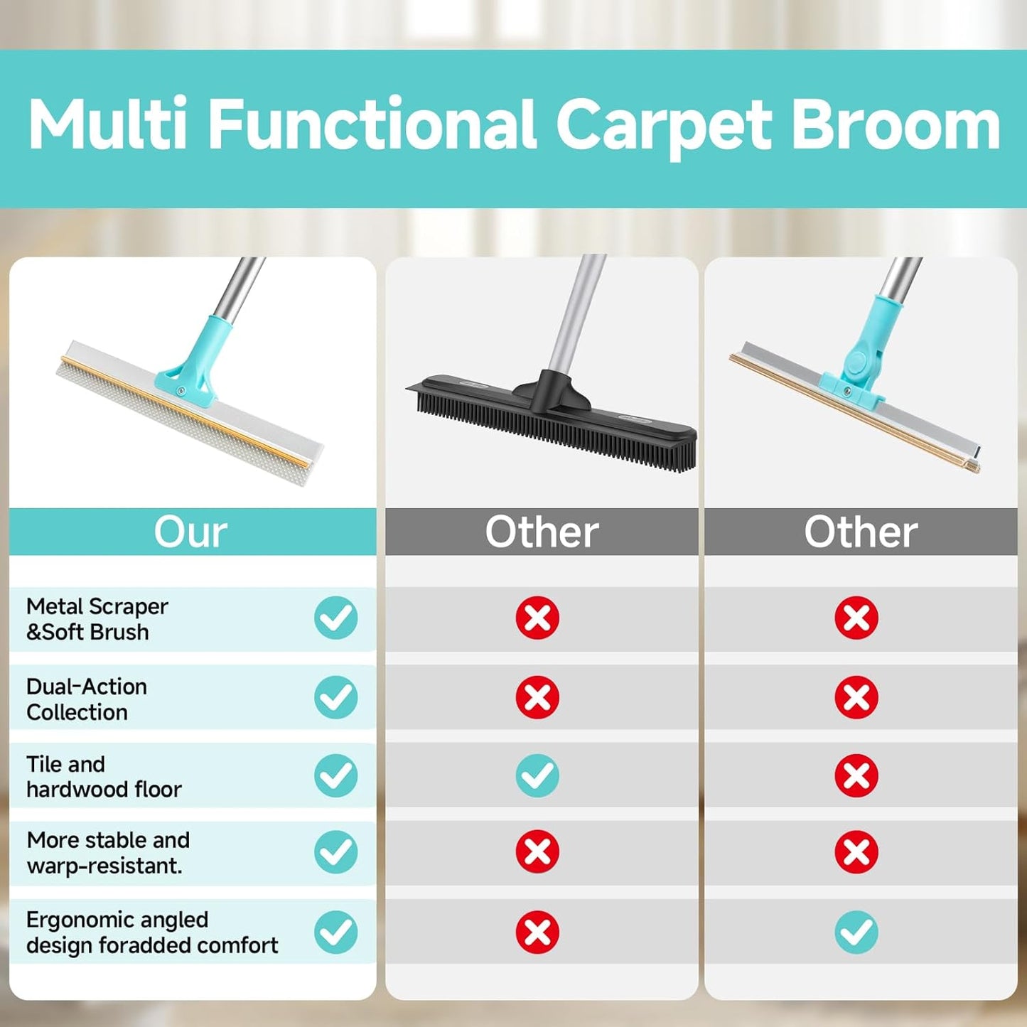 Carpet Rake for Pet Hair Removal Tool, Reusable Pet Hair Remover Broom, Dog&Cat Hair Remover Scraper Rake with 54” Adjustable Long Handle, 3 Pcs Carpet Brush Rake for Rugs, Mats, Couch, Furniture